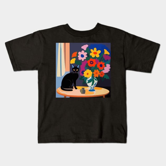 Black Cat with Colorful Flowers in a Vase Still Life Painting Kids T-Shirt by bragova